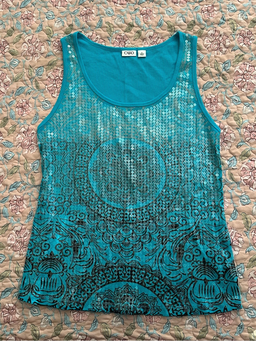 Cato Blue & Black Sequin Medallion Mandela Print Women’s Tank